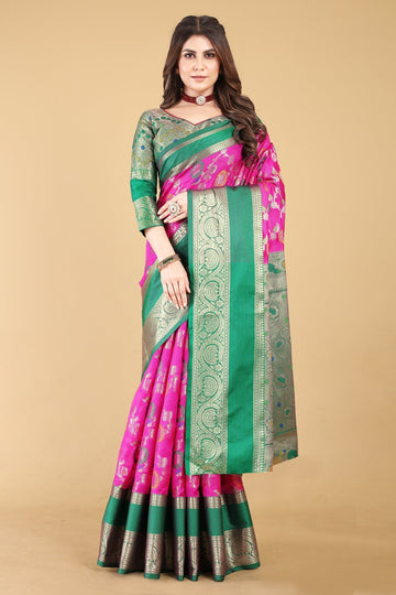 Disha Pink Green Beautiful Banarasi Organza Silk Saree