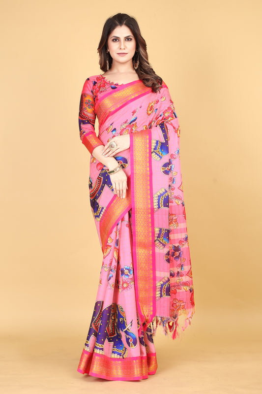 Aditi Printed Pink Kalamkari Silk Cotton Saree