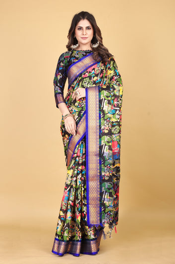 Pooja Printed Blue Kalamkari Silk Cotton Saree