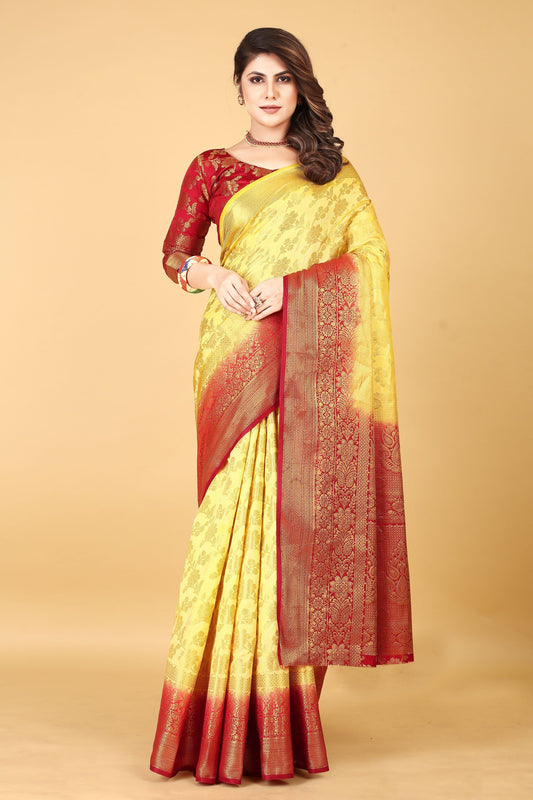 Mahi Cream Kumkum Jecquard Banarasi Nylon Silk Saree