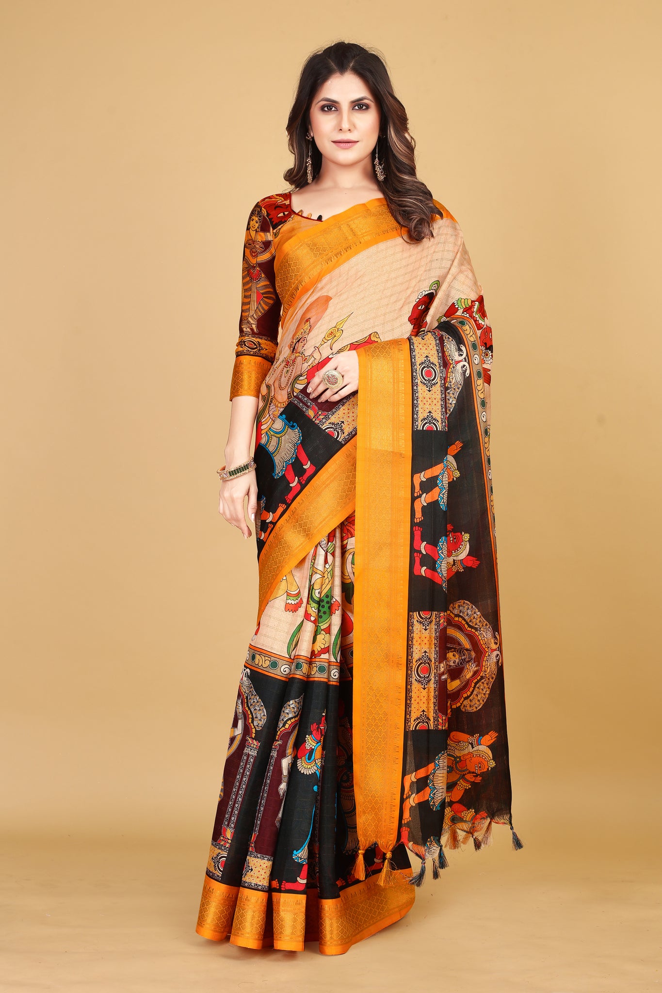 Divya Printed Yellow Kalamkari Silk Cotton Saree