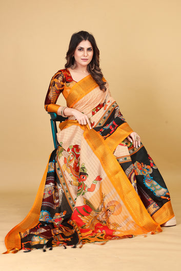 Divya Printed Yellow Kalamkari Silk Cotton Saree