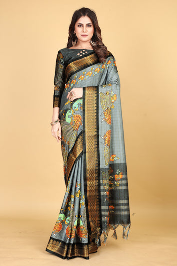 Laxmi Printed Black Kalamkari Silk Cotton Saree