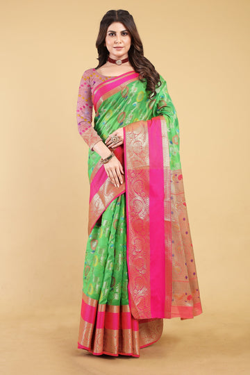 Disha Parrot Green Pink Beautiful Banarasi Organza Silk Saree