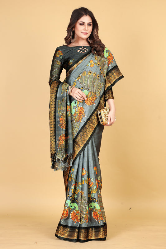 Laxmi Printed Black Kalamkari Silk Cotton Saree