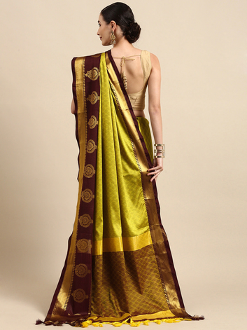 Tamanna Lemon Maron Woven Dharmavaram Cotton Silk Saree.