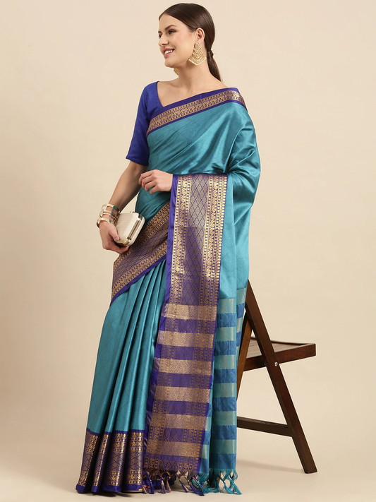 Vani Sky Blue Kanjivaram Pure Cotton Silk Saree