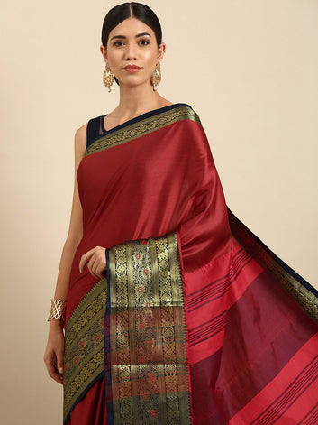 Priti Red Navy Blue Soft Cotton Silk Saree