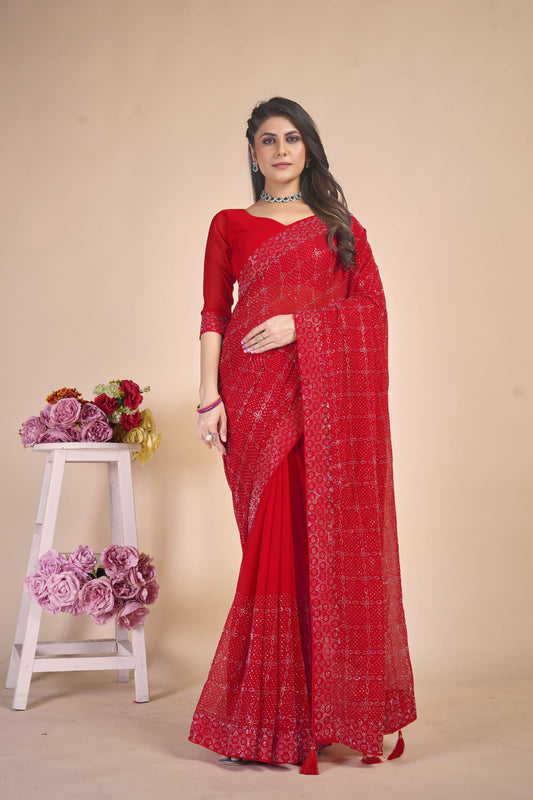 Naira Soft Designer Red Color Swarovski Dimond Work Georgette Saree