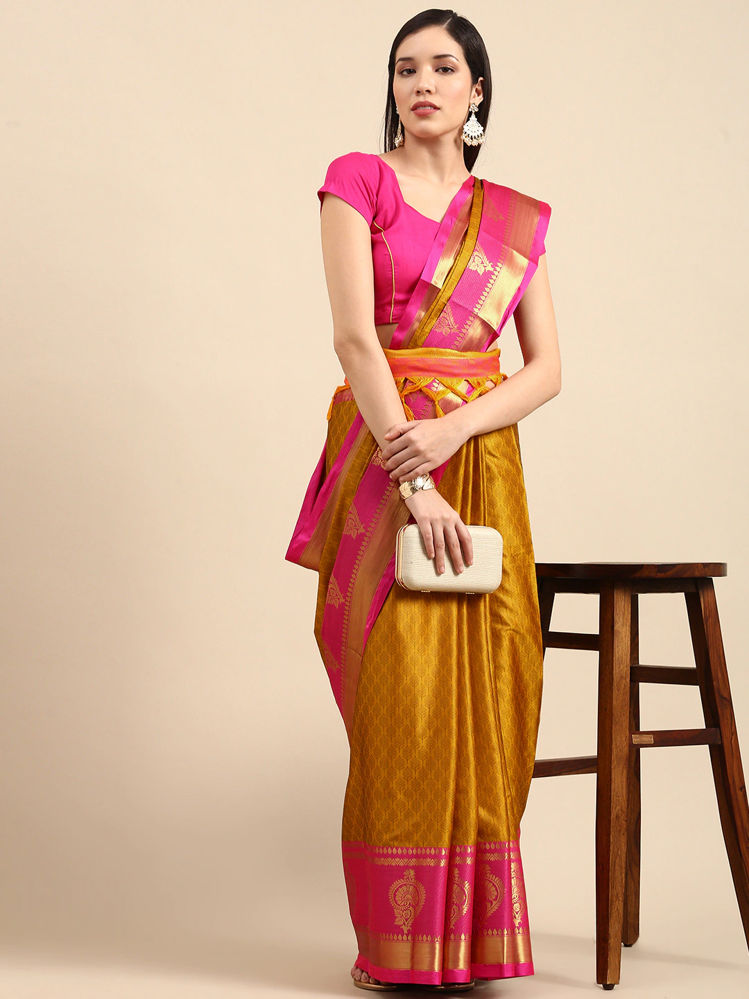 Tamanna Gold Pink Blue Woven Dharmavaram Cotton Silk Saree.