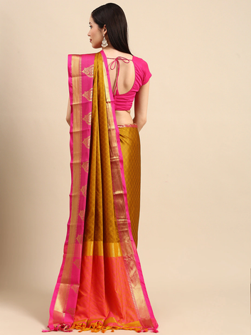 Tamanna Gold Pink Blue Woven Dharmavaram Cotton Silk Saree.