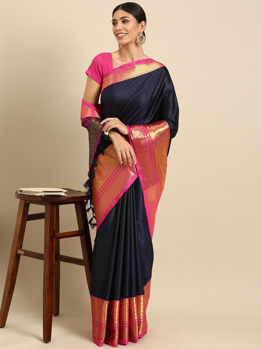 Anupama Navy Blue Pink Self Design Cotton Silk Saree