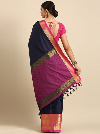 Anupama Navy Blue Pink Self Design Cotton Silk Saree