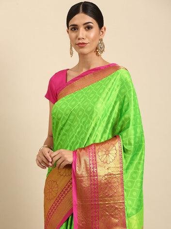 Anupama Parrot Green Pink Self Design Cotton Silk Saree