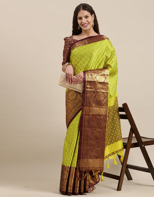 Ramaiya Lemon Maroon Woven Kanjivaram Jacquard Cotton Silk Saree