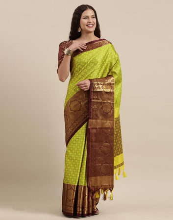 Ramaiya Lemon Maroon Woven Kanjivaram Jacquard Cotton Silk Saree