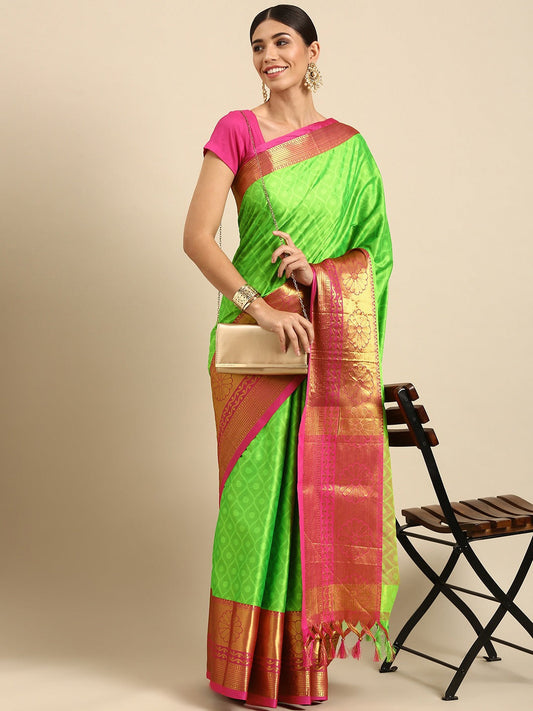 Anupama Parrot Green Pink Self Design Cotton Silk Saree