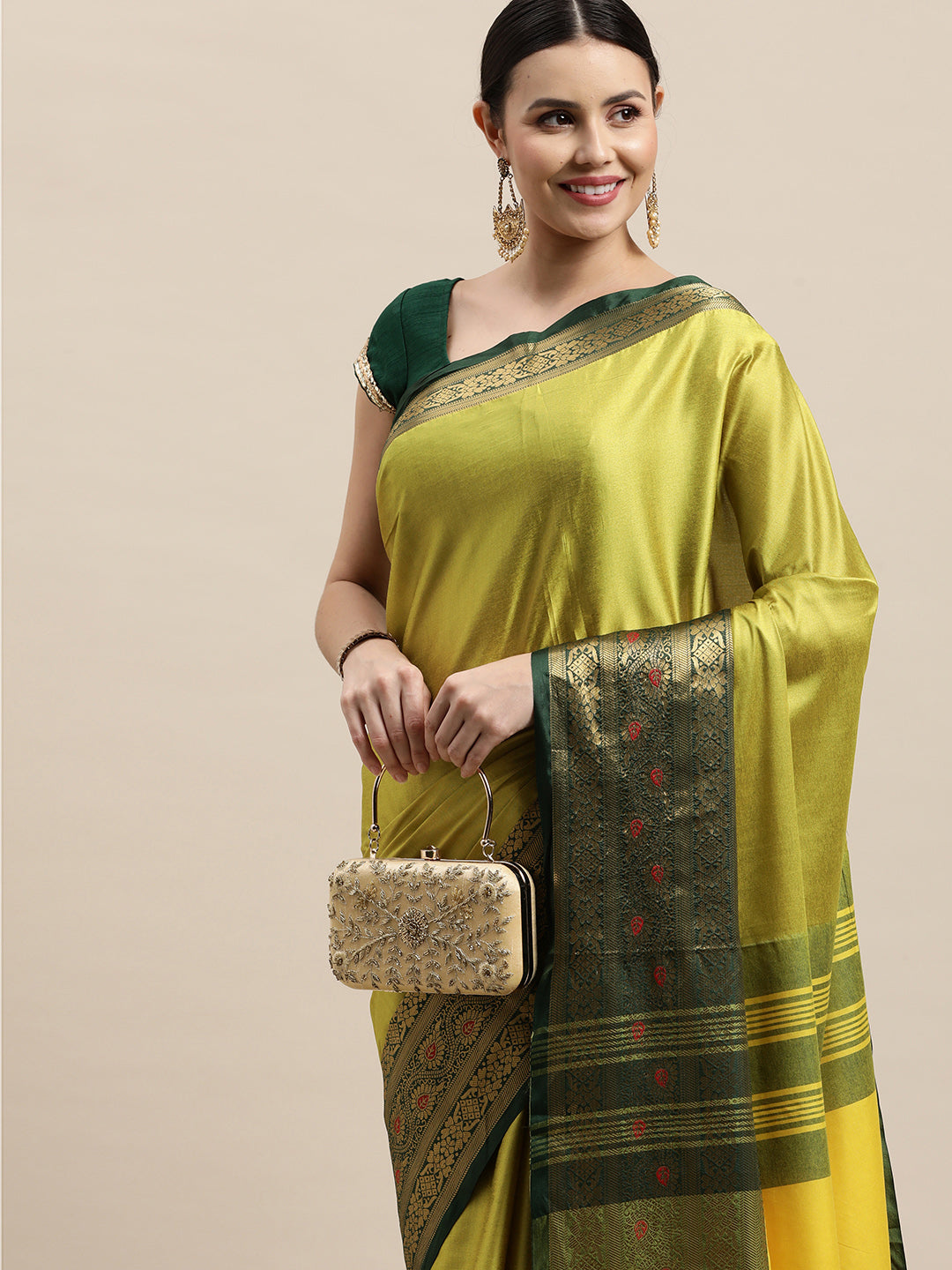 Priti Lemon Dark Green Soft Cotton Silk Saree