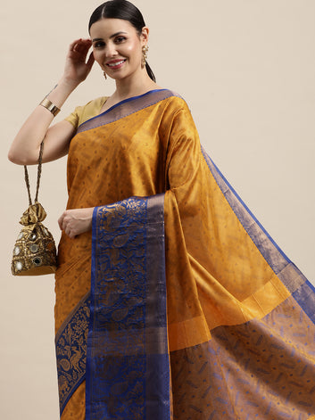 Nithya Gold Blue Woven Banarasi Cotton Silk Saree