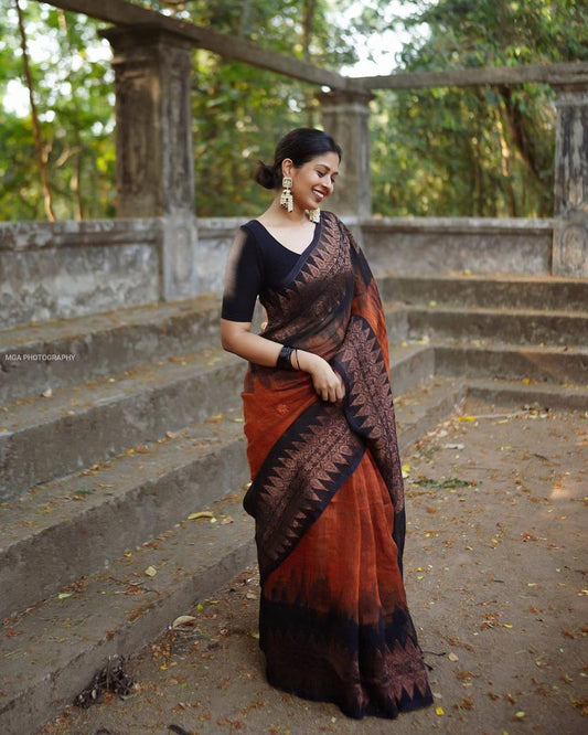 Kamli Beautiful Orange Black Banarasi Silk Saree With Contrast Pallu