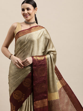 Danko Cream Maroon Woven Banarasi Cotton Silk Saree