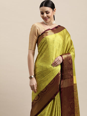 Kavya Lemon Maroon Woven Banarasi Cotton Silk Saree