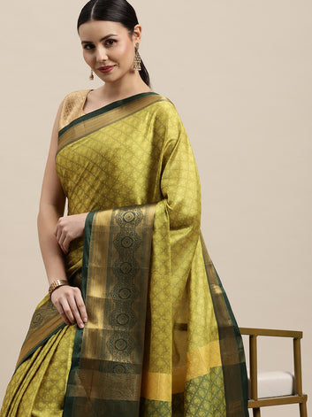 Ishita Lemon Dark Green Self Design Cotton Silk Saree