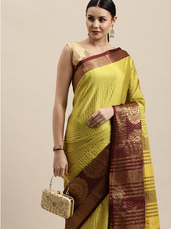 Chakro Lemon Maroon Woven Banarasi Cotton Silk Saree