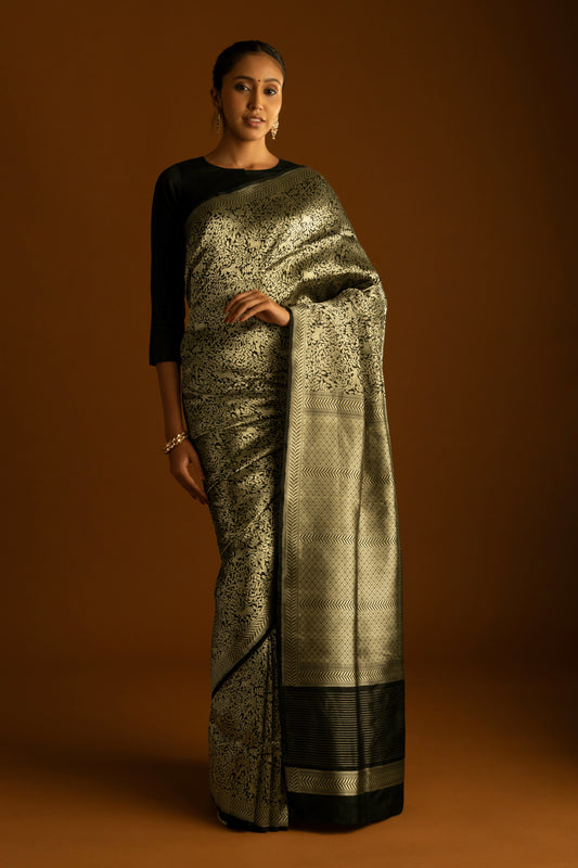 Nilam Elegant Molten Black Gold Hued Banarasi Brocade Silk Saree