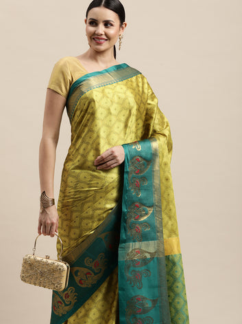 Maria Lemon Rama Woven Banarasi Cotton Silk Saree