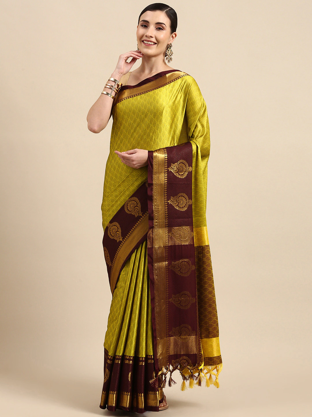 Tamanna Lemon Maron Woven Dharmavaram Cotton Silk Saree.