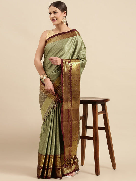 Anupama Pista Maroon Self Design Cotton Silk Saree