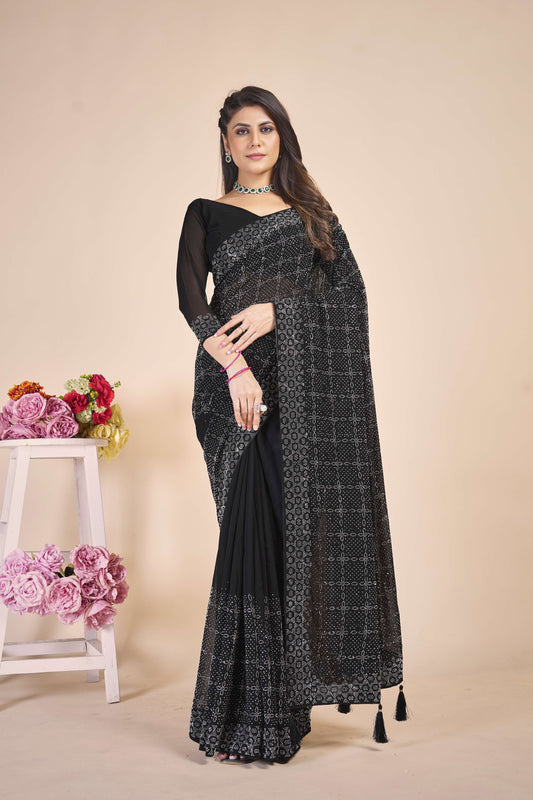 Naira Soft Designer Black Color Swarovski Dimond Work Georgette Saree