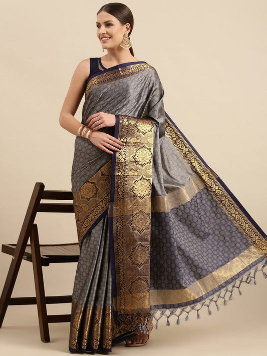 Ramaiya Gray Navy Blue Woven Kanjivaram Jacquard Cotton Silk Saree