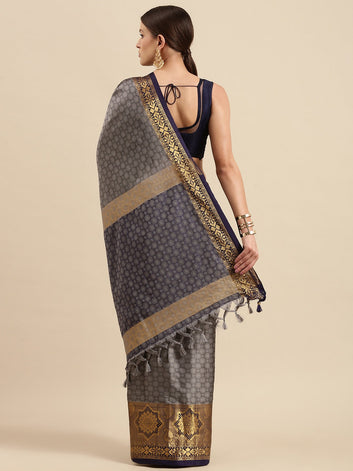 Ramaiya Gray Navy Blue Woven Kanjivaram Jacquard Cotton Silk Saree