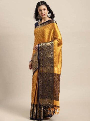Ramaiya Gold Navy Blue Woven Kanjivaram Jacquard Cotton Silk Saree