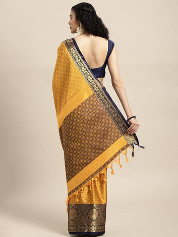 Ramaiya Gold Navy Blue Woven Kanjivaram Jacquard Cotton Silk Saree