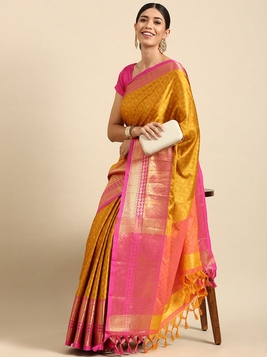 Anupama Gold Pink Self Design Cotton Silk Saree