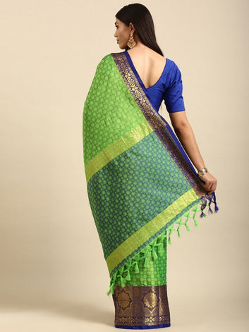 Ramaiya Parrot Blue Woven Kanjivaram Jacquard Cotton Silk Saree