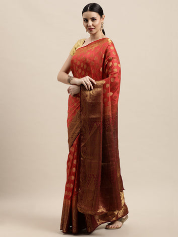 Buti Orange Maroon Pure Banarasi Nylon Silk Saree