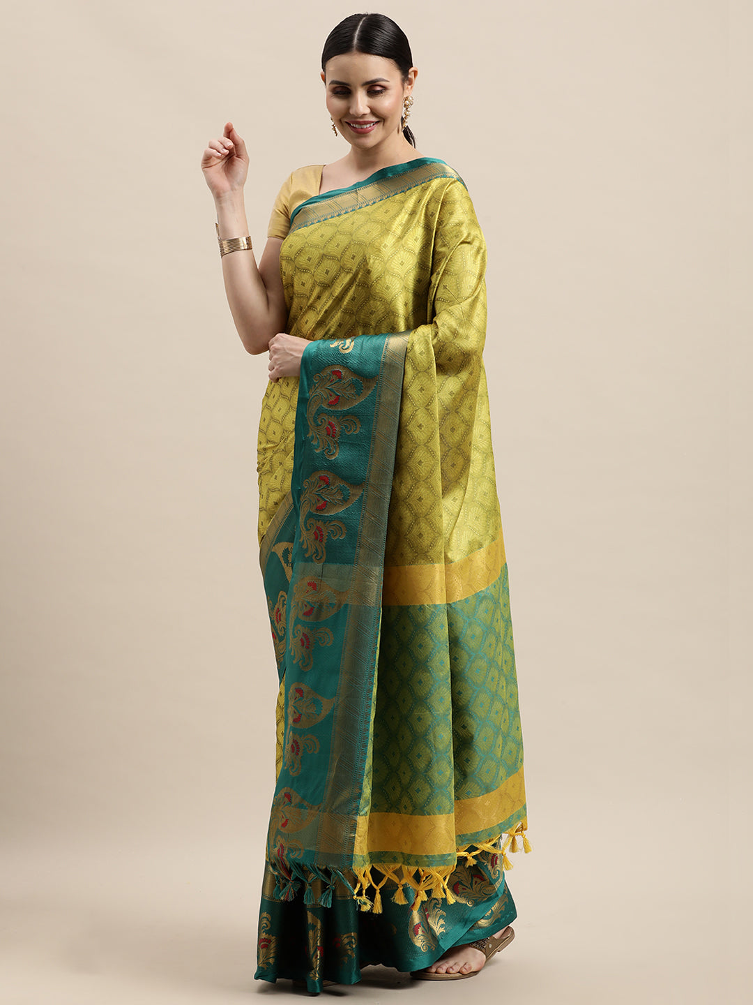 Maria Lemon Rama Woven Banarasi Cotton Silk Saree