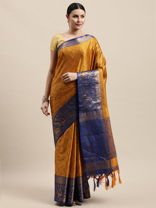 Nithya Gold Blue Woven Banarasi Cotton Silk Saree