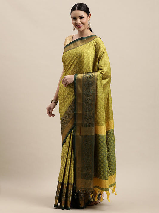 Ishita Lemon Dark Green Self Design Cotton Silk Saree