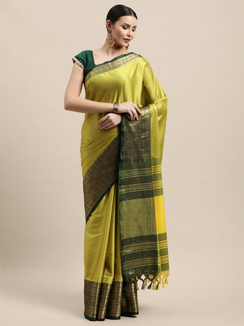 Priti Lemon Dark Green Soft Cotton Silk Saree