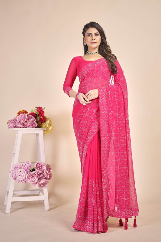 Naira Soft Designer Pink Color Swarovski Dimond Work Georgette Saree