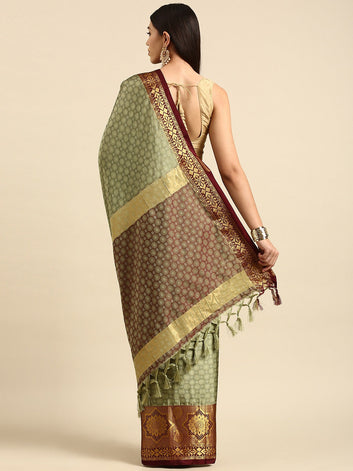 Ramaiya Cream Maroon Woven Kanjivaram Jacquard Cotton Silk Saree