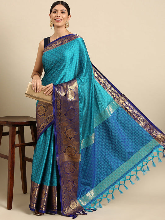 Ramaiya Sky Royal Blue Woven Kanjivaram Jacquard Cotton Silk Saree