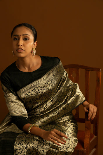 Nilam Elegant Molten Black Gold Hued Banarasi Brocade Silk Saree