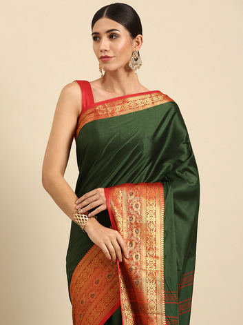 Priti Dark Green Red Soft Cotton Silk Saree