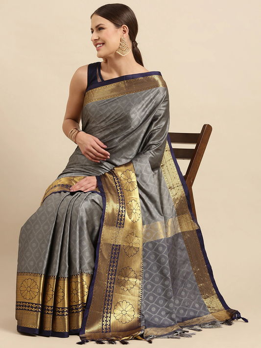 Anupama Gray Navy Blue Self Design Cotton Silk Saree